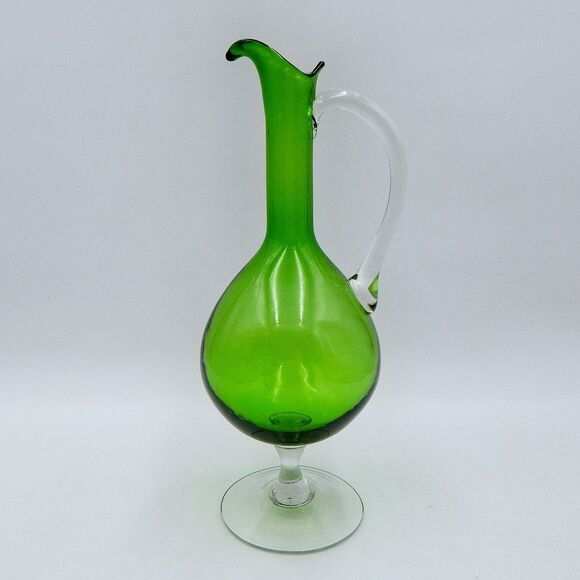 Hand Blown Green Glass Pedestal Ewer Pitcher Clear Handle Footed Decanter 12 In - Picture 3 of 13